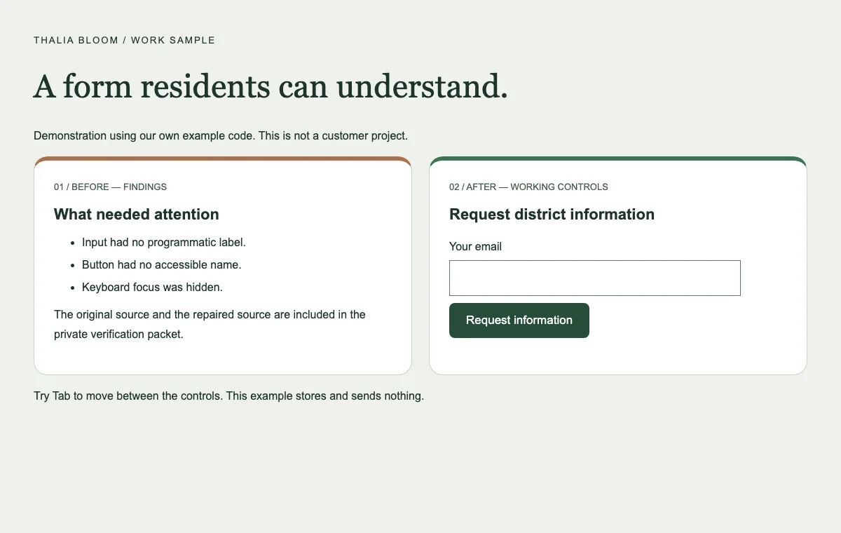 Our example repair: a resident information form with a visible email label and a named request button.