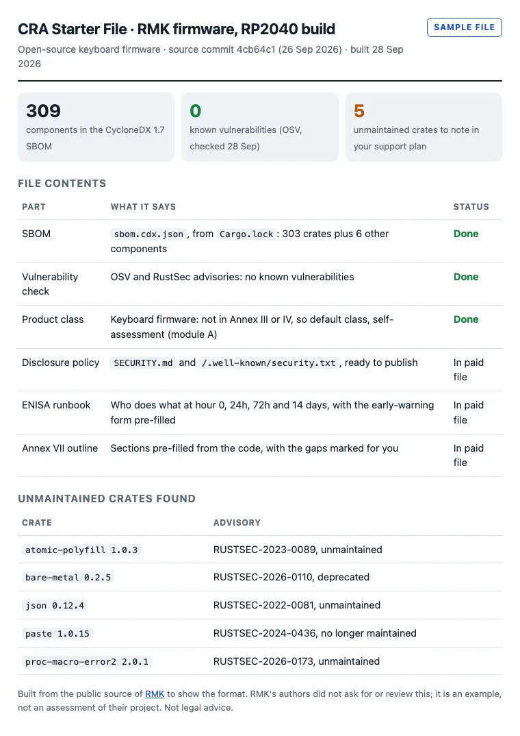 A sample CRA Starter File for the RMK keyboard firmware: 309 components in the SBOM, 0 known vulnerabilities, 5 unmaintained crates, and a table of the file's parts with their status