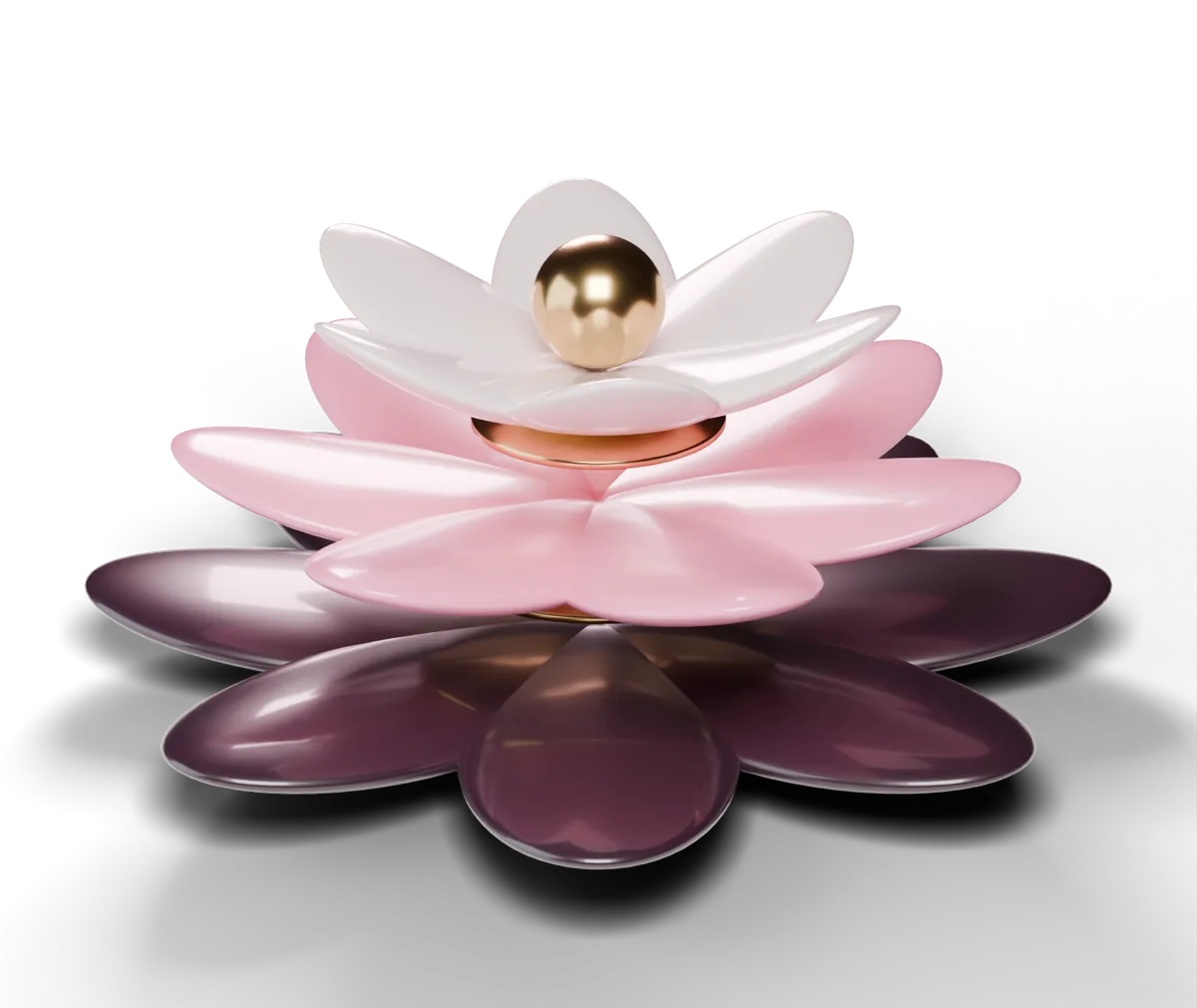 A three-layer glass bloom: a plum base, a pink middle and a pearl top around a gold core