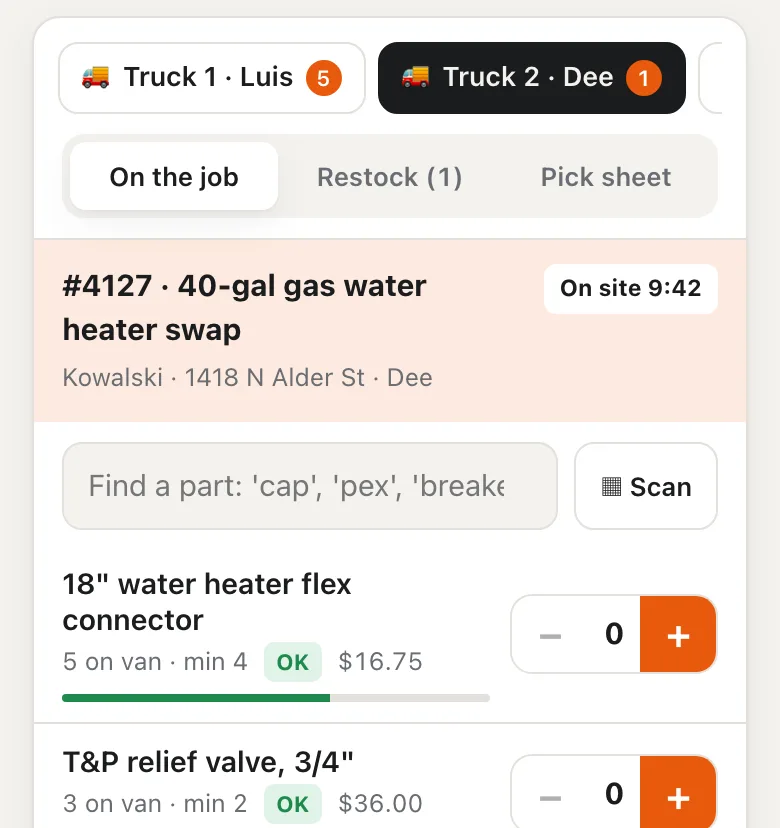 Truckstock on a phone: Truck 2's job for a water heater swap, with parts like an 18 inch flex connector and a T&P relief valve showing count on the van, minimum, and a plus button