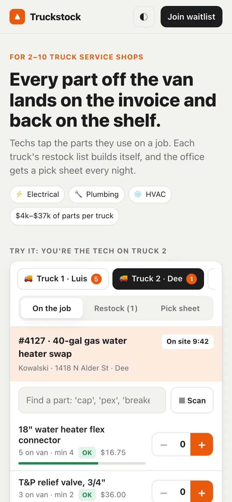 The full Truckstock demo screen on a phone, with trucks for Luis and Dee and tabs for On the job, Restock and Pick sheet